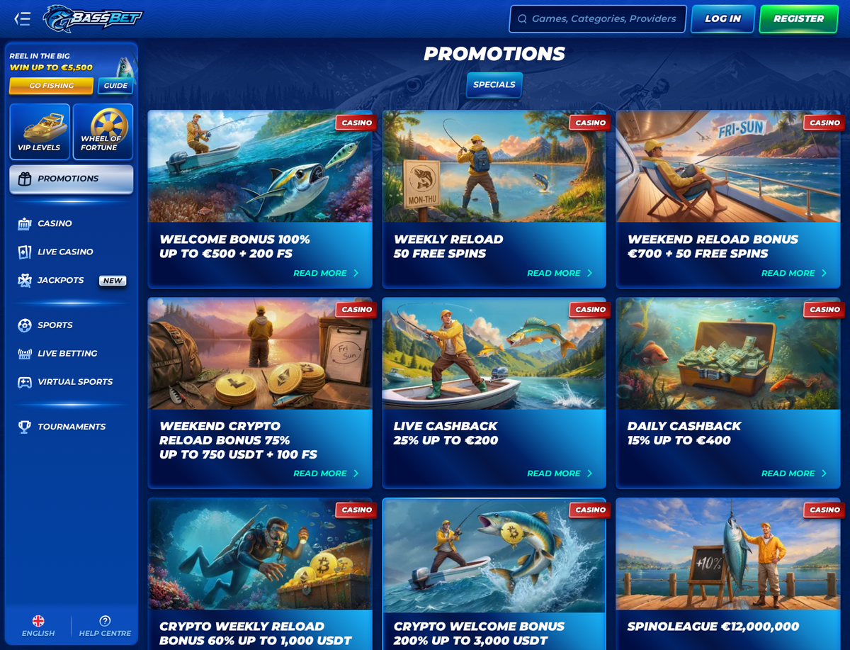 The BassBet casino promotions page, showing the 100 percent up to 500 euro welcome bonus with 200 free spins, the weekly and weekend reloads, live cashback of 25 percent and the crypto welcome bonus of 200 percent up to 3,000 USDT.