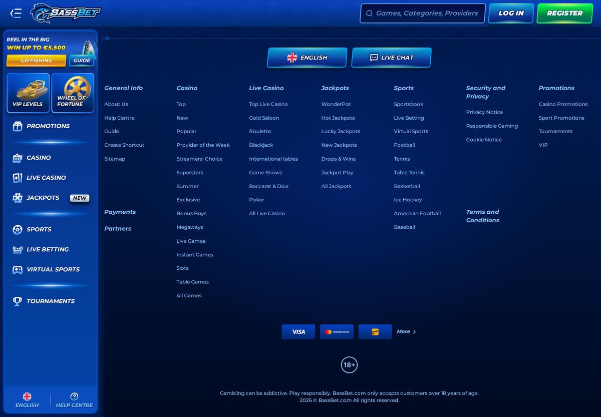 The BassBet site footer, showing only an over-18 symbol and a copyright line, with no gaming licence number, no regulator and no operating company named anywhere.