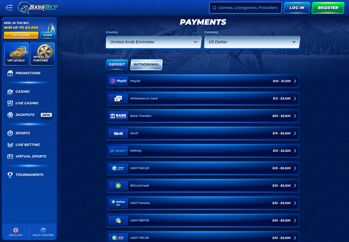 The BassBet payments page with United Arab Emirates and US Dollar selected on the withdrawal tab, listing PlayID, Withdraw to Card, Bank Transfer, Skrill, MiFinity and the crypto rails with per transaction limits.
