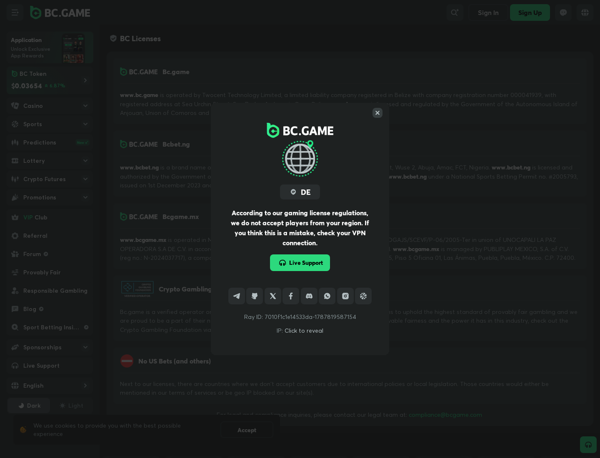 BC.GAME opened from a German IP address returns a blocking dialogue reading that it does not accept players from that region; the same page opened from the Emirates loads normally.