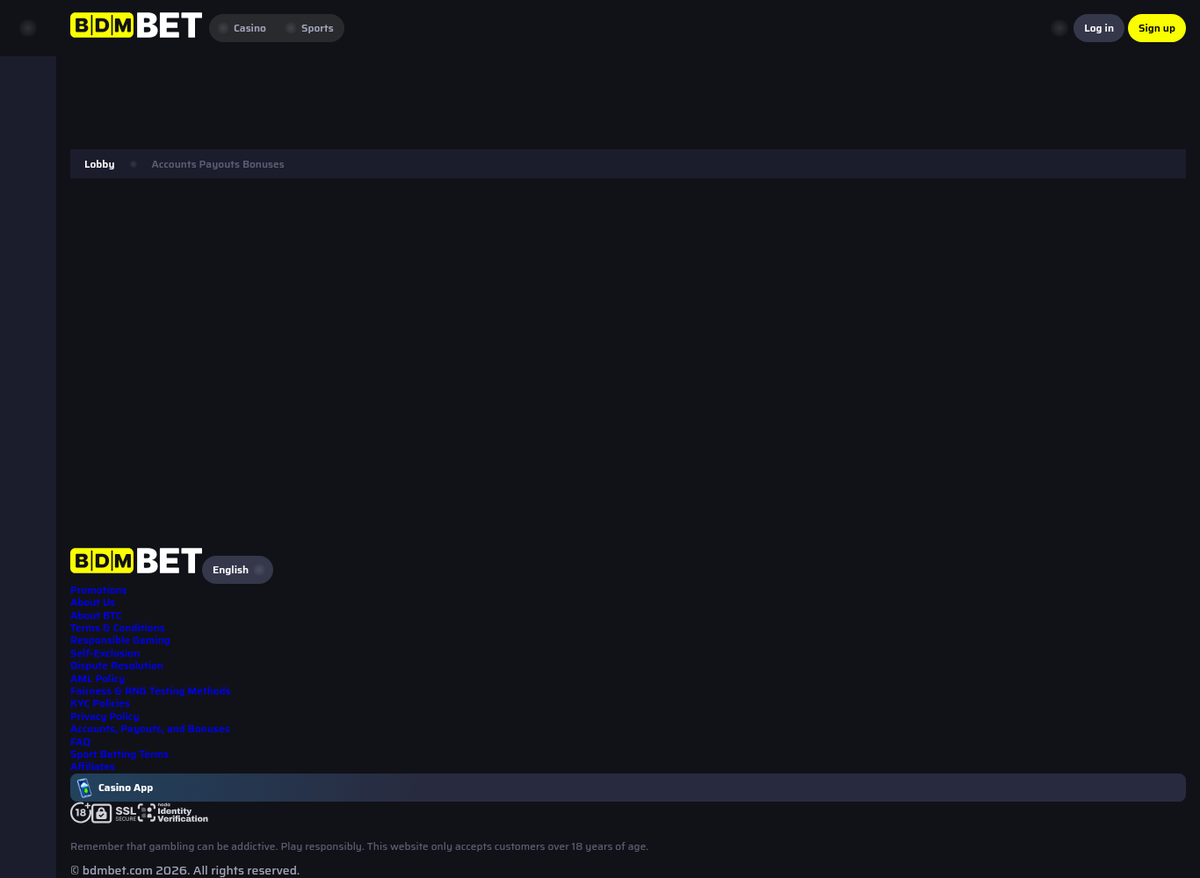 The BDMBet Accounts, Payouts and Bonuses page, linked from the site footer but rendering completely empty between the breadcrumb and the footer, with no payout limits or bonus rules published.