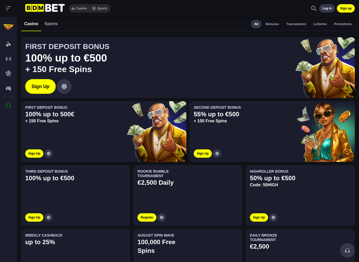 BDMBet promotions page, advertising a first deposit bonus of 100 percent up to 500 euros with 150 free spins, a second deposit of 55 percent up to 500 euros, a third deposit of 100 percent up to 500 euros and a high roller bonus of 50 percent up to 500 euros.