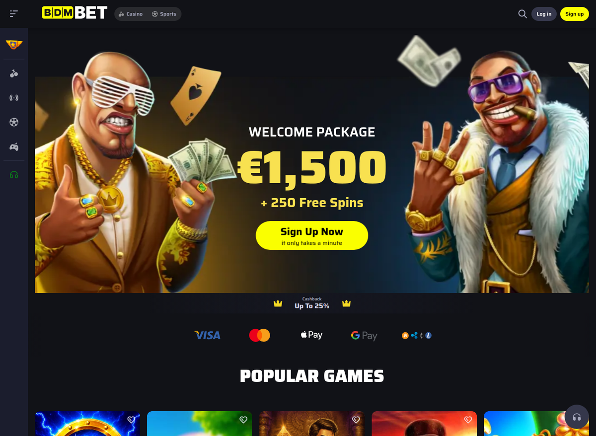 BDMBet homepage in English and left to right, showing the 1,500 euro welcome package with 250 free spins, a Sign Up Now button and Visa, Mastercard, Apple Pay and Google Pay icons.