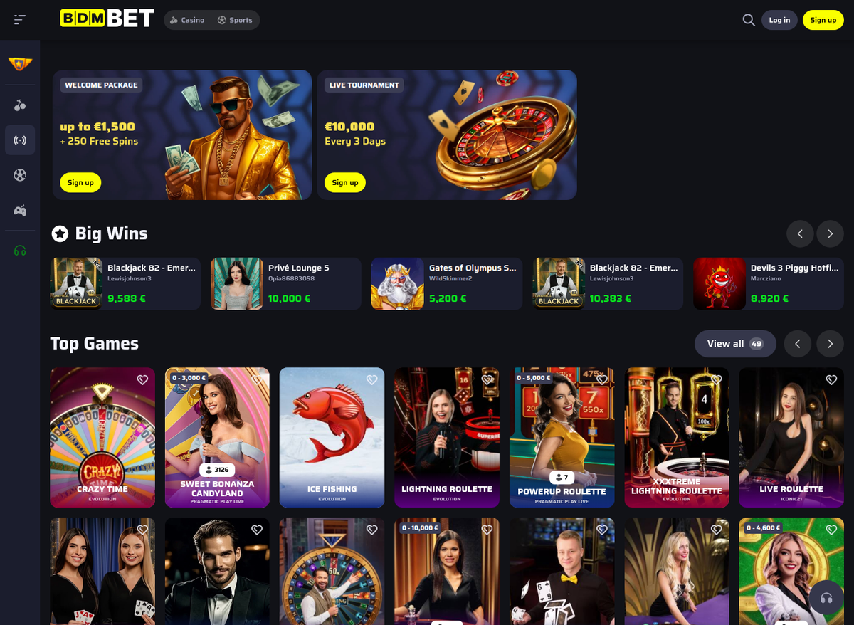 BDMBet live casino lobby, showing Big Wins figures and Top Games tables including Crazy Time, Sweet Bonanza Candyland, Lightning Roulette, Powerup Roulette and XXXtreme Lightning Roulette.