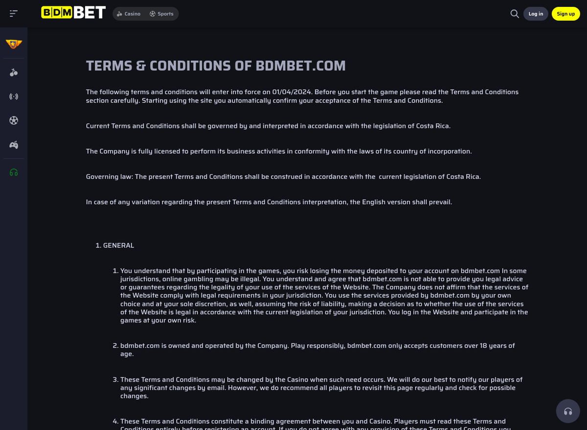 Top of the BDMBet terms and conditions page, stating that the terms are governed by and interpreted in accordance with the current legislation of Costa Rica and that the English version prevails.