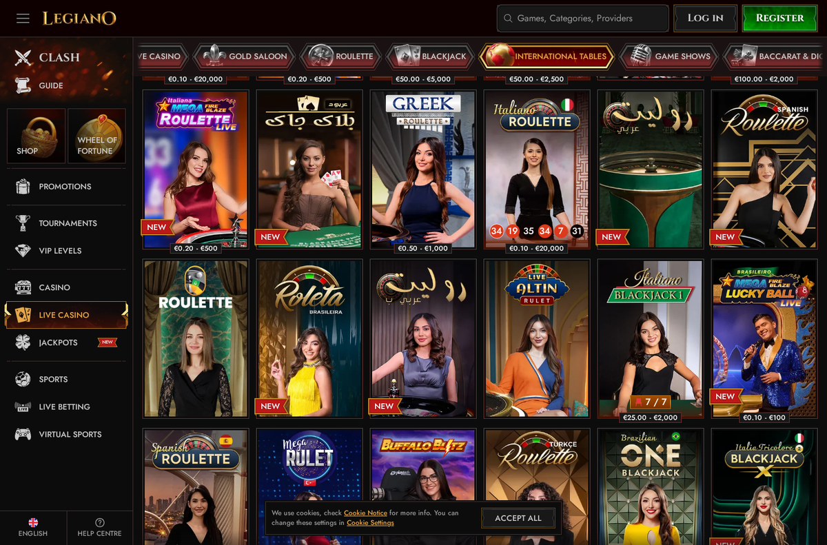 The international tables section of the Legiano live casino, showing Arabic language blackjack and roulette tables alongside Greek, Italian, Spanish and Turkish tables.