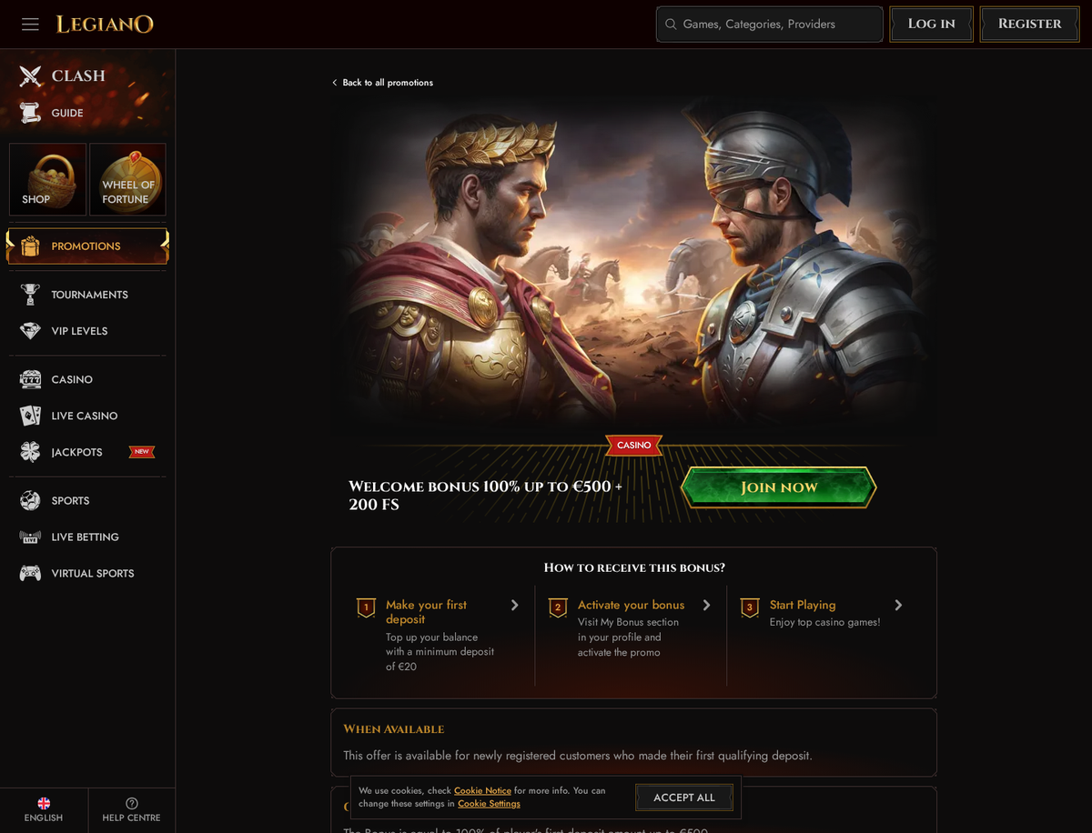 The Legiano casino welcome bonus page, showing 100 percent up to 500 euros plus 200 free spins and the three step claim process with a minimum deposit of 20 euros.