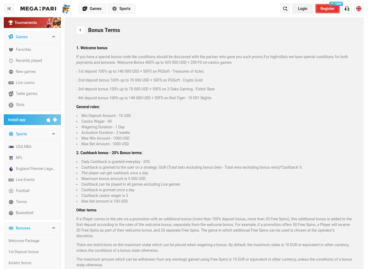 The Megapari bonus terms page, showing the general rules of the welcome package: 40x casino wagering, a wagering duration of one day, and a maximum win amount of 1,000 USD.