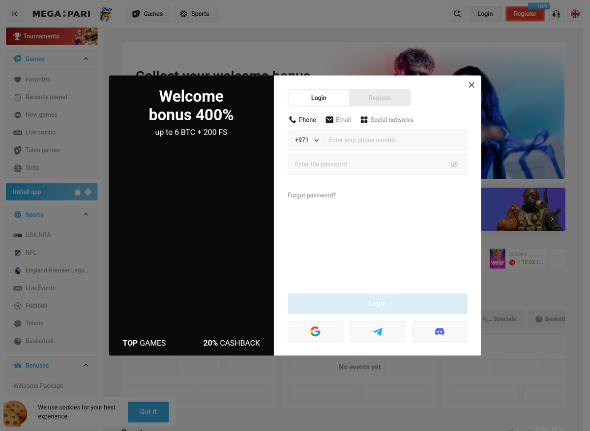 The megapari.bet mirror opened from the same UAE connection loads the full casino and opens a registration form with the +971 Emirati dialling code already selected.