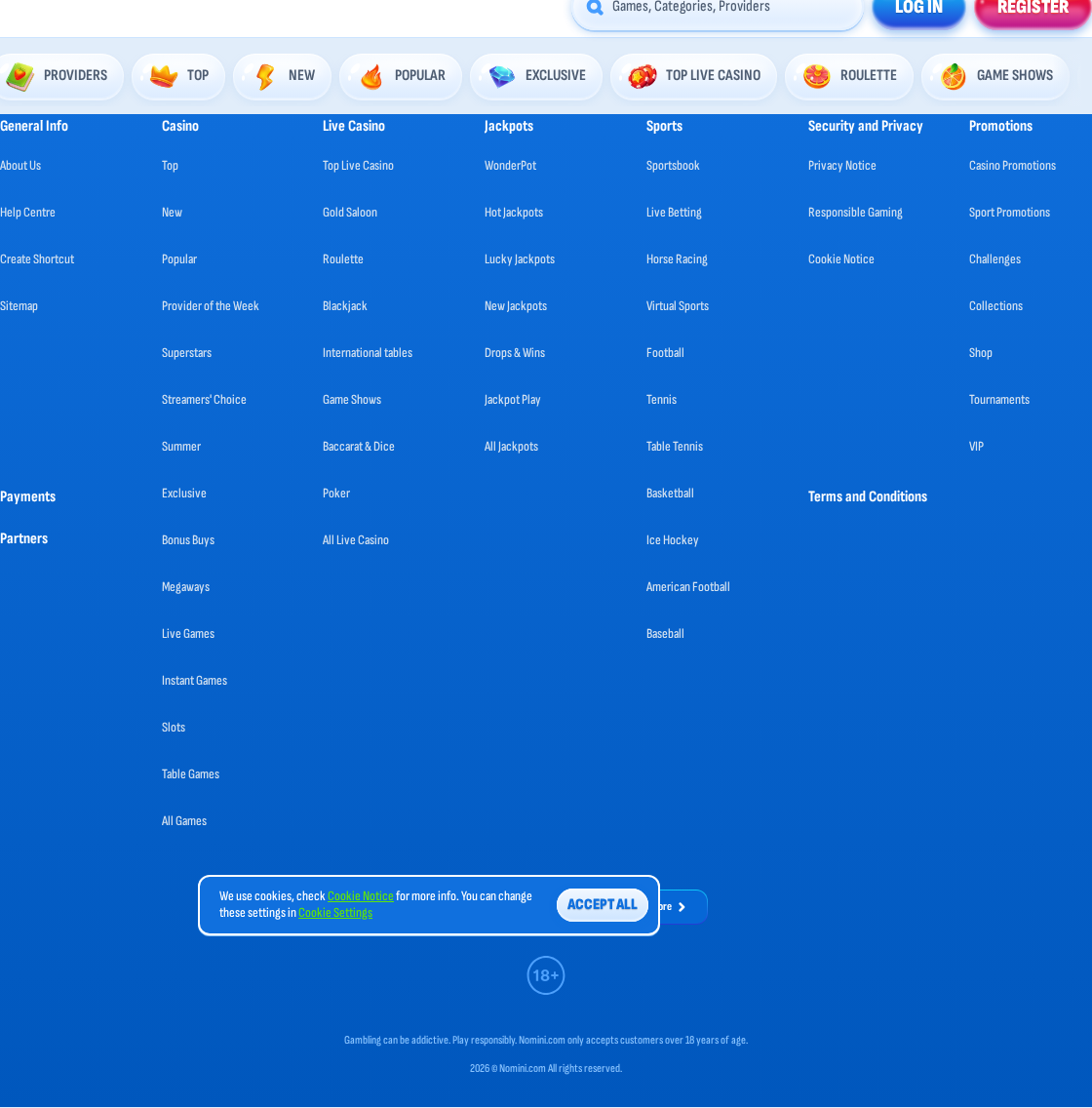 The full Nomini footer captured: seven columns of links, an 18+ badge and a copyright line, with no licence number, no regulator seal and no operating company named anywhere.