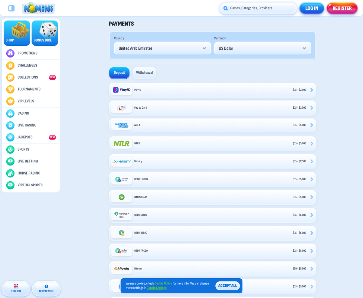 The Nomini payments page with United Arab Emirates and US Dollar selected, listing PlayID, Pay by Card, AMEX, Neteller and MiFinity alongside twelve crypto rails with the exact deposit floor and ceiling for each.