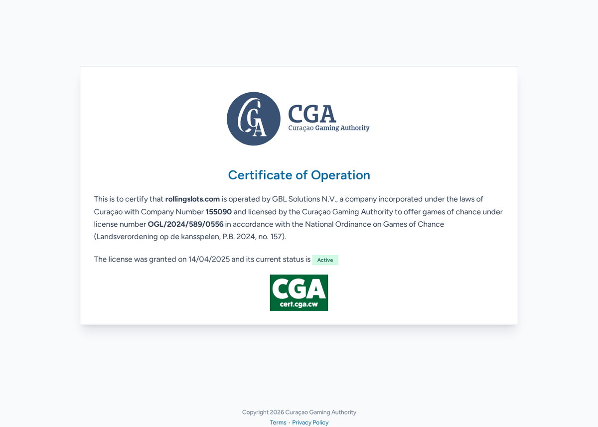 The Curacao Gaming Authority certificate of operation for rollingslots.com: licence OGL/2024/589/0556 granted on 14 April 2025 to GBL Solutions N.V., status Active.