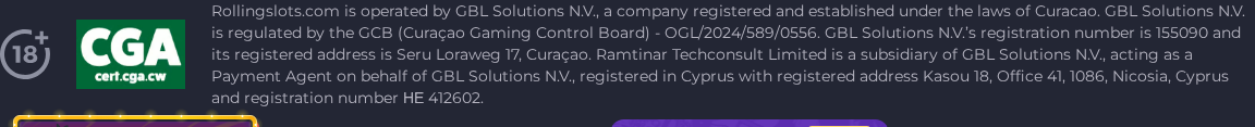 The RollingSlots footer licence block, naming GBL Solutions N.V., Curacao Gaming Control Board licence OGL/2024/589/0556, company number 155090 and a registered address at Seru Loraweg 17, next to a clickable CGA certificate seal.