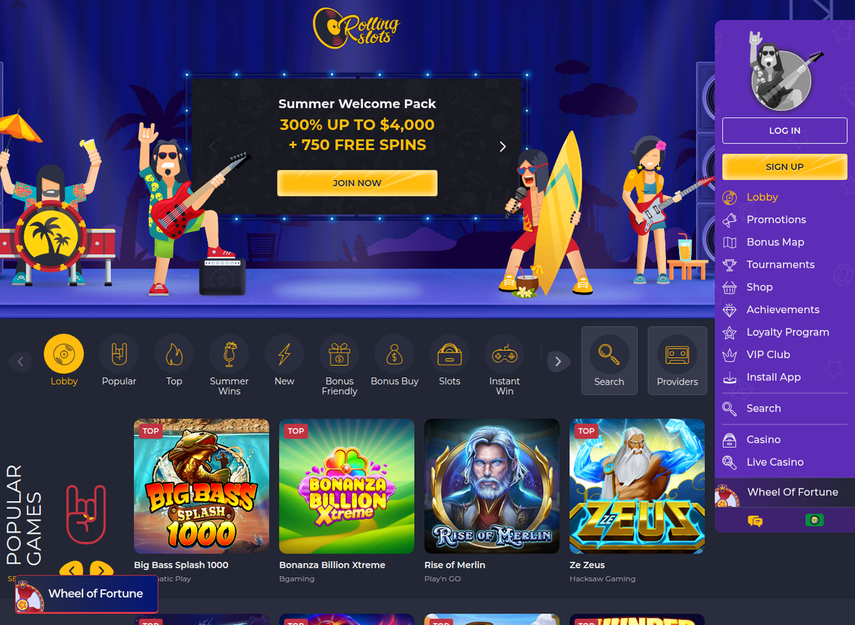 The RollingSlots lobby loaded from a United Arab Emirates connection: the interface is English and left-to-right, with a Summer Welcome Pack banner advertising 300% up to $4,000 plus 750 free spins and no Arabic option in the menu.