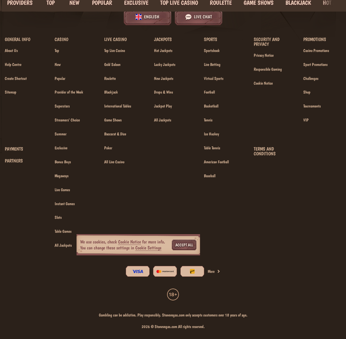 The StoneVegas footer, ending in an 18+ badge and a copyright line with no licence number, regulator or operating company disclosed.