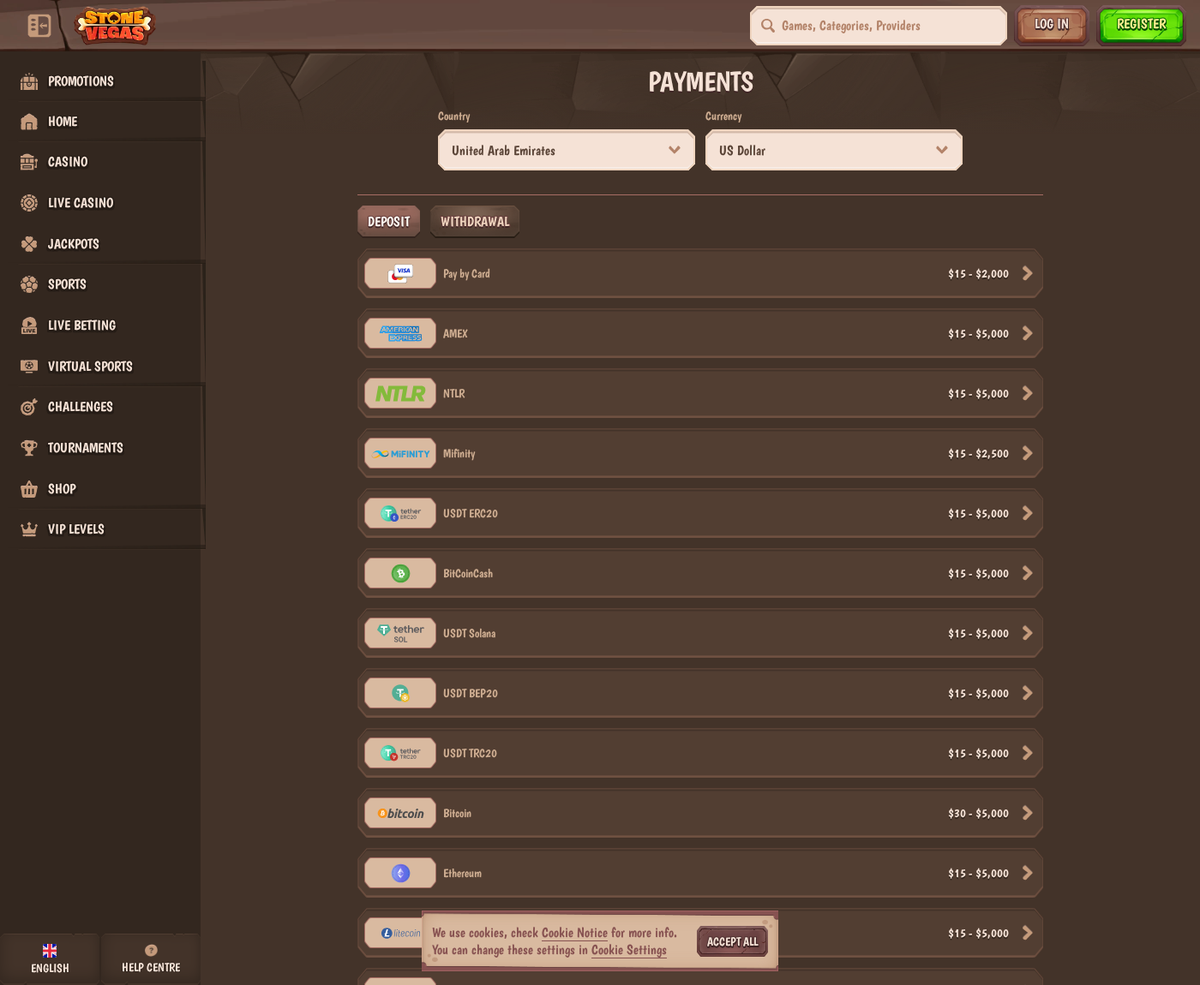 The StoneVegas payments page with United Arab Emirates and US Dollar selected, showing the same method grid as Nomini but without PlayID.