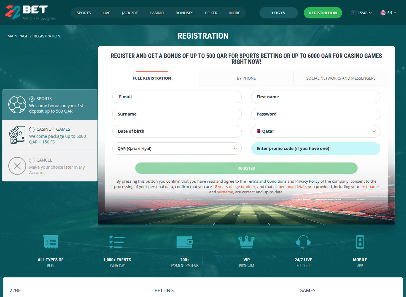 22Bet registration form opened from Qatar, showing Qatar selected and bonuses priced in Qatari riyals