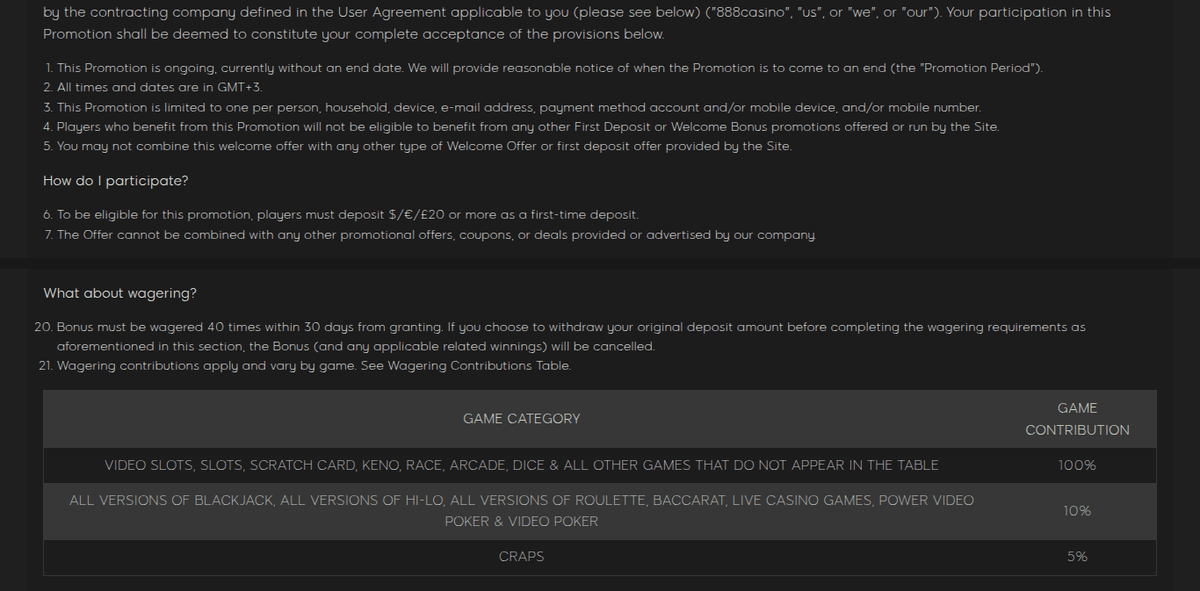 The 888 Casino welcome bonus terms showing the 20 dollar minimum first deposit, the 40x wagering requirement within 30 days and the game contribution table, viewed from the UAE in 2026