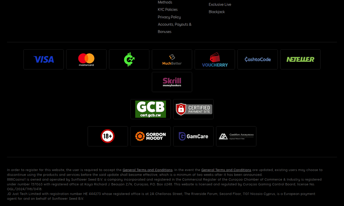 888 Casino footer naming Sunflower Seed B.V. as operator under Curacao Gaming Control Board licence OGL/2024/198/0418, viewed from the UAE in 2026