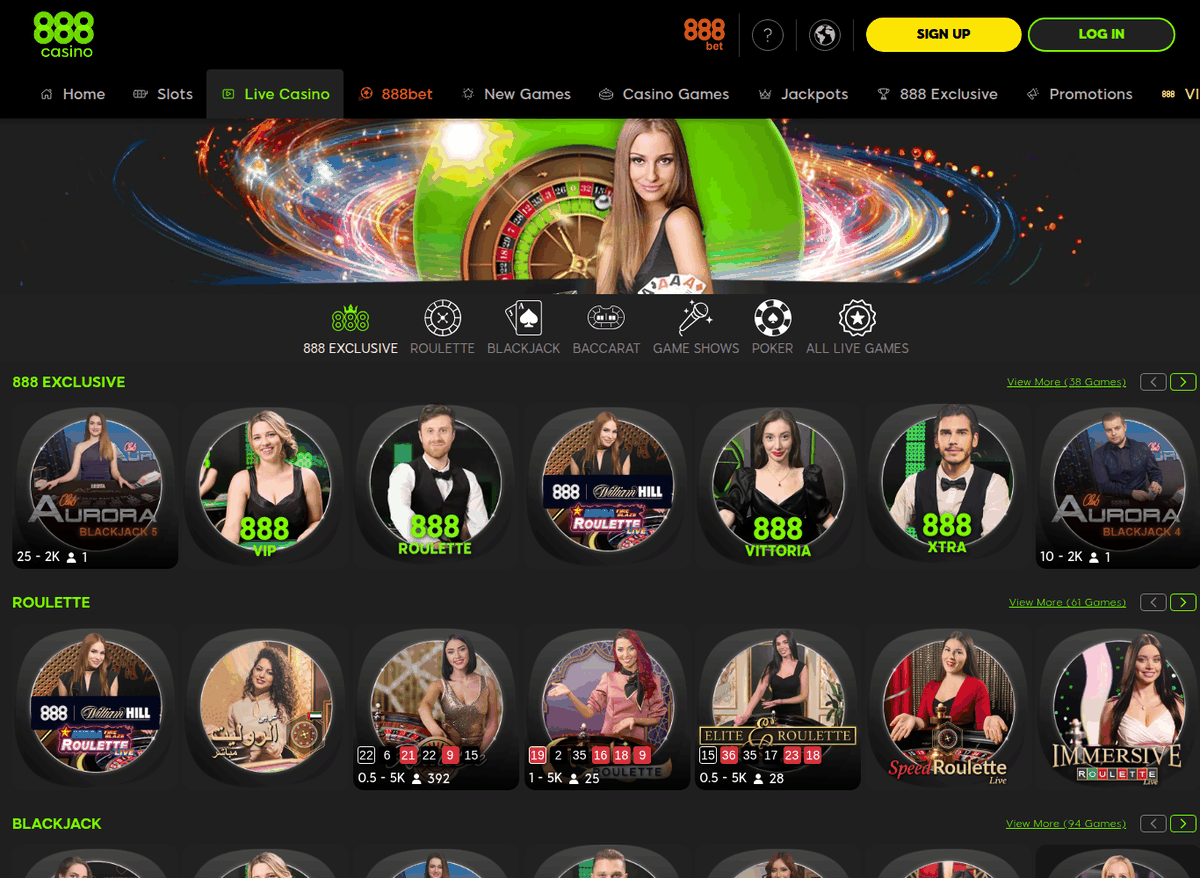 888 Casino live casino lobby showing the 888 Exclusive row of branded tables including 888 Roulette, 888 VIP and Aurora Blackjack, viewed from the UAE in 2026