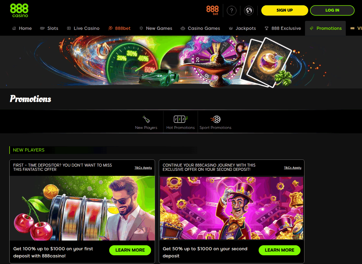 888 Casino promotions page showing the 100% up to $1,000 first deposit offer and the 50% second deposit offer, viewed from the UAE in 2026