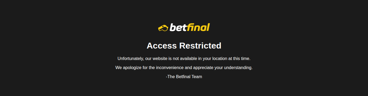 صفحة الحجب التي تظهر لزوّار الإمارات عند فتح موقع بت فاينل: شعار المشغّل وعبارة Access Restricted وتحتها أن الموقع غير متاح في موقعك الجغرافي حاليًا. لقطة التقطناها وقت إعداد هذه المراجعة