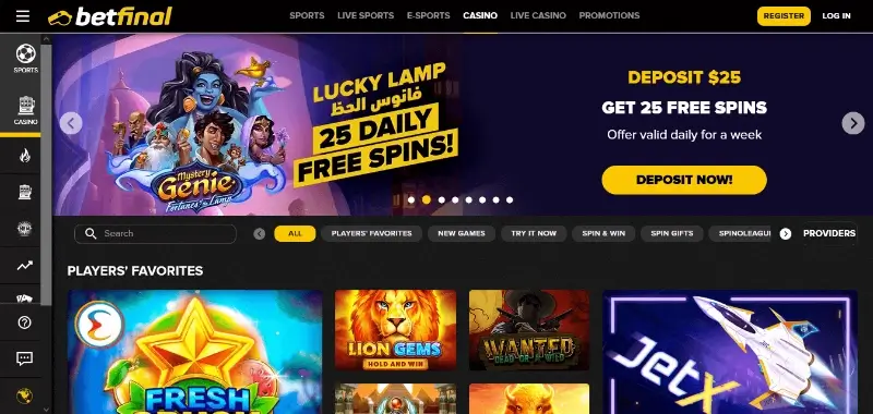 The Betfinal casino lobby, with the Lucky Lamp daily free spins promotion and a deposit offer running as banners above the Players Favorites game row