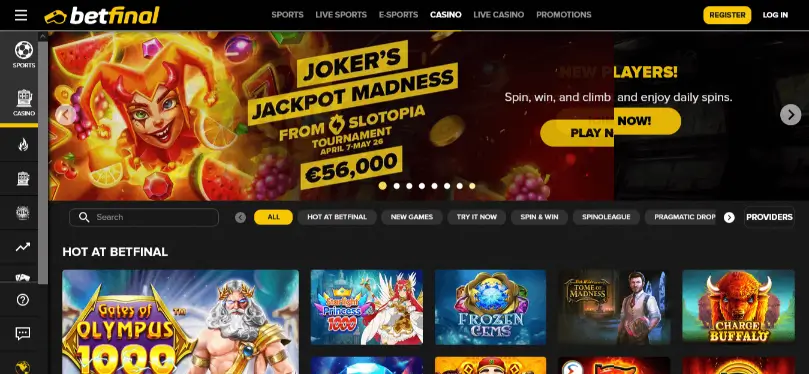 The Betfinal slot lobby seen from outside the UAE, showing the Hot at Betfinal row that is filtered out for players in the Emirates, above a Jokers Jackpot Madness tournament with a 56,000 euro prize pool