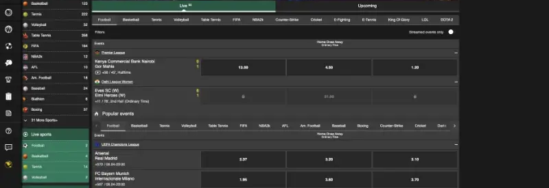 The Betfinal sportsbook, showing the sport filter bar, the live sports sidebar and Champions League odds for Arsenal against Real Madrid