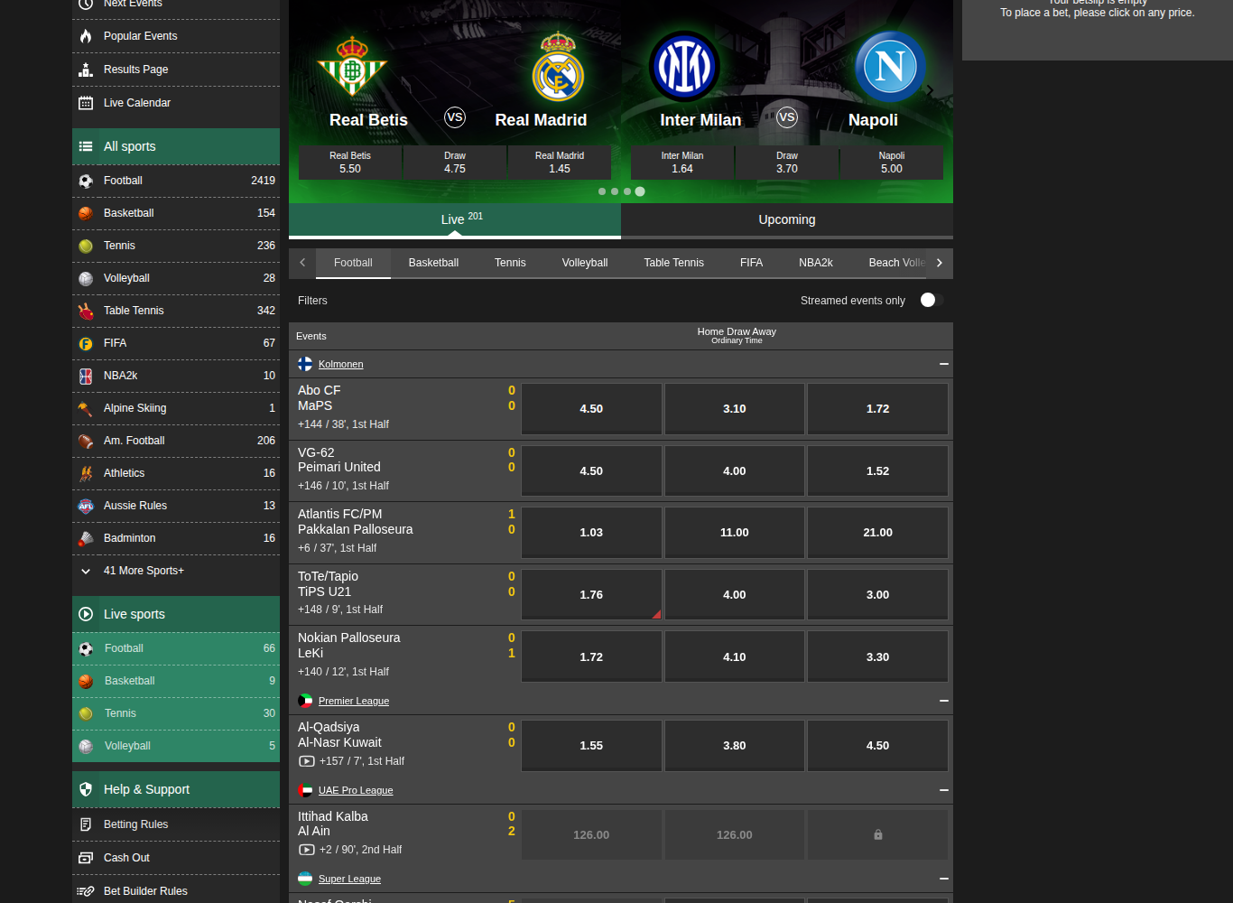 Betfinal sportsbook loading in full from a Qatari IP address