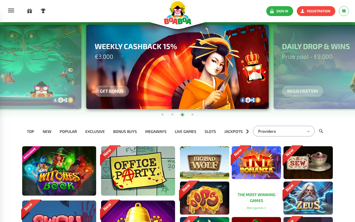 BoaBoa casino lobby served to a United Arab Emirates connection, in English, with the weekly cashback and daily drop banners priced in euros.