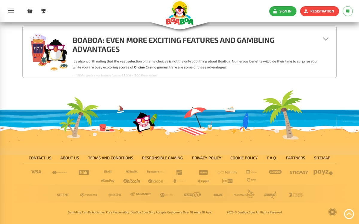 BoaBoa footer carrying payment and provider logos and an age notice, with no gaming licence or regulator seal anywhere.