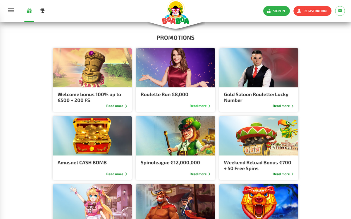 BoaBoa promotions page showing Spinoleague, Gold Saloon Roulette and Amusnet Cash Bomb, the same campaigns run by Spinanga, Cadoola and Wazamba.