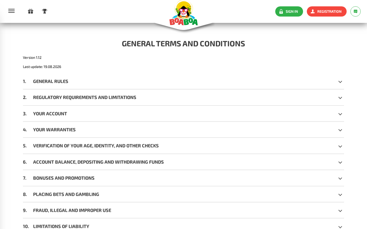 BoaBoa general terms and conditions headed Version 1.12, last update 19.08.2026, the same document served by four other brands, captured for this review.
