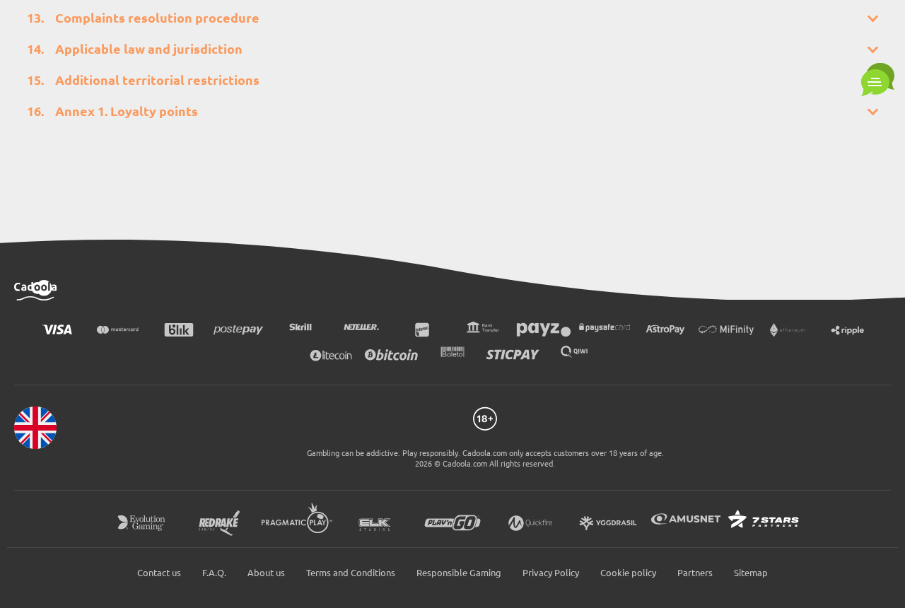 Cadoola footer showing payment icons, providers and an age badge but no gambling licence