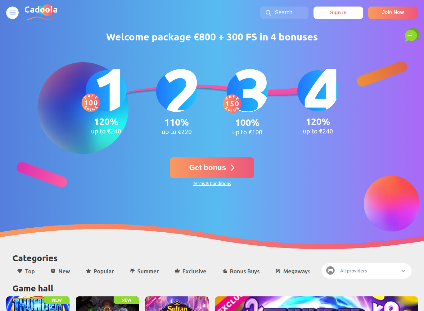 Cadoola welcome package of 800 euros and 300 free spins split across four deposits
