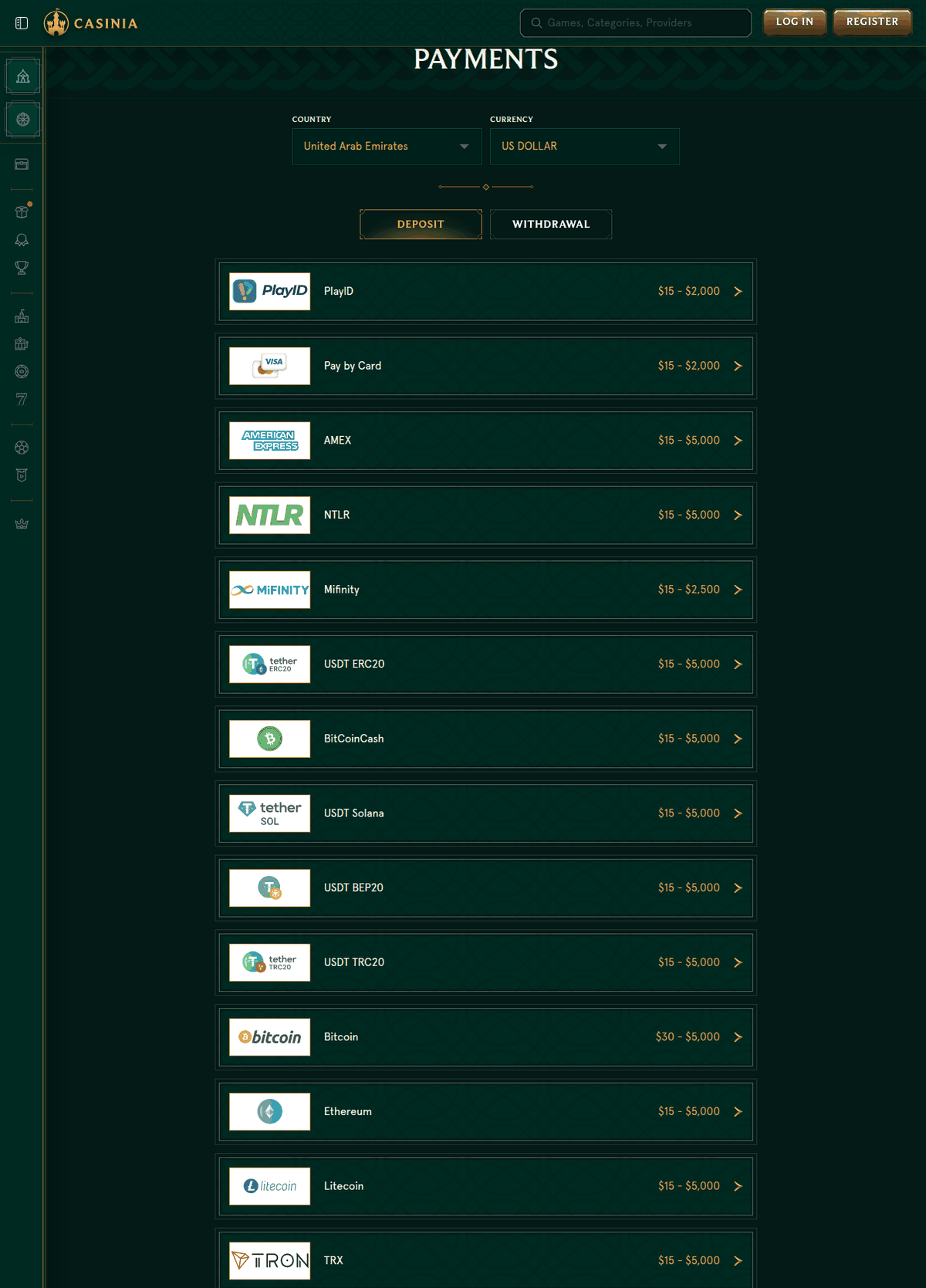Casinia payments page pre-selected to United Arab Emirates and US Dollar, listing deposit methods with minimum and maximum amounts