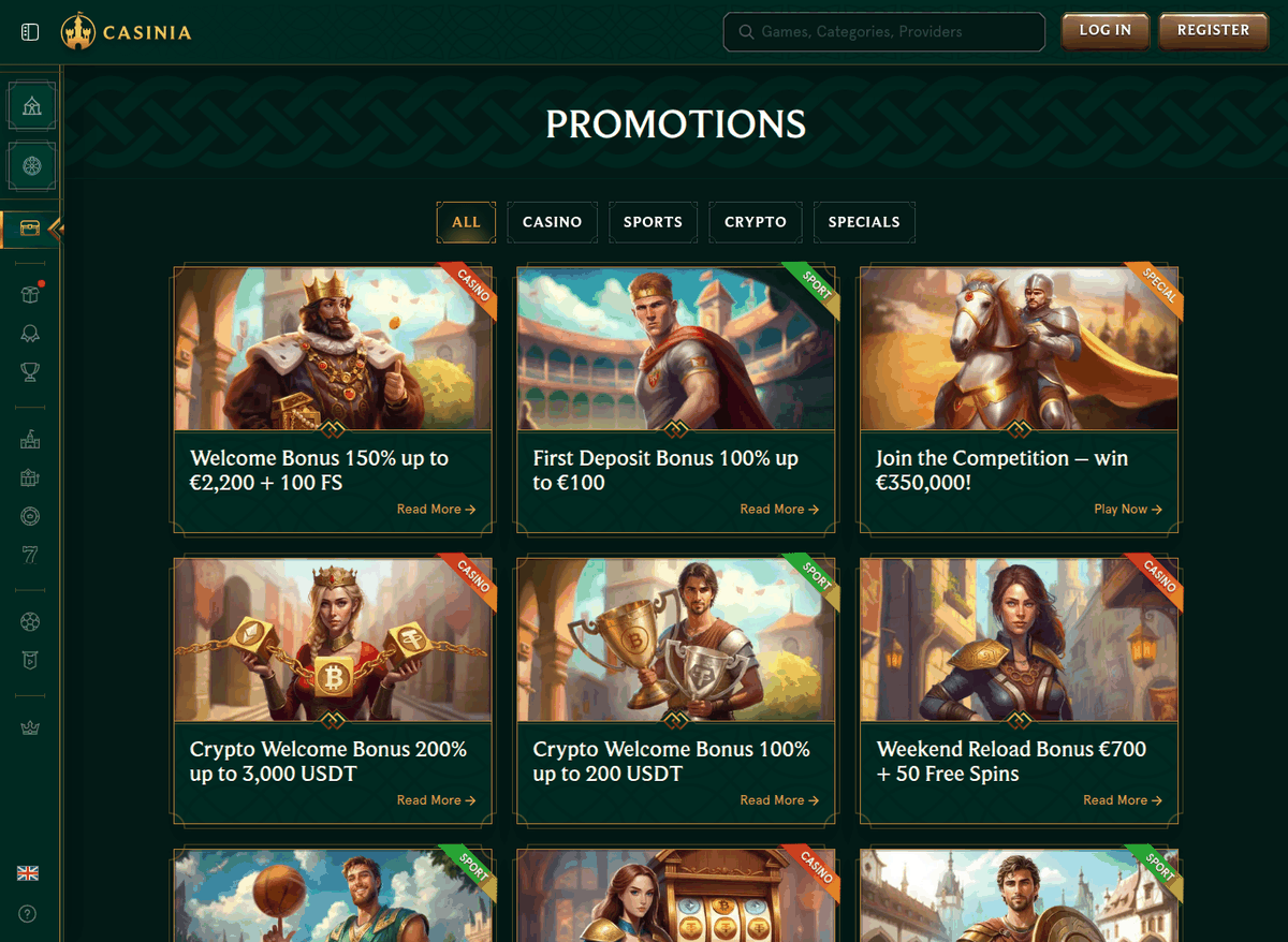 Casinia promotions page seen from a UAE IP address showing a 150% welcome bonus up to 2,200 euros plus 100 free spins