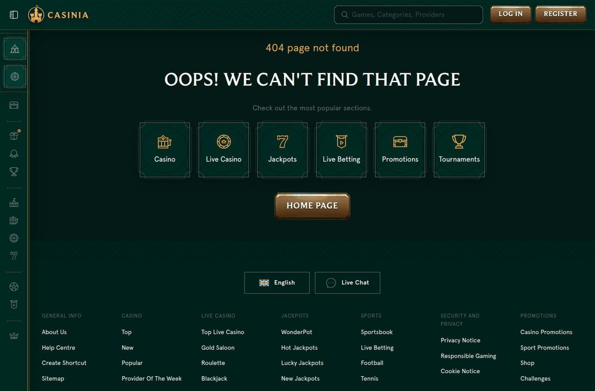 Casinia welcome bonus terms URL returning a 404 page not found error when opened from the United Arab Emirates