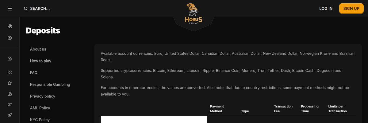 Horus Casino deposits page, publishing account currencies, twelve cryptocurrencies and per-transaction limits without requiring an account. The dirham is not among them.