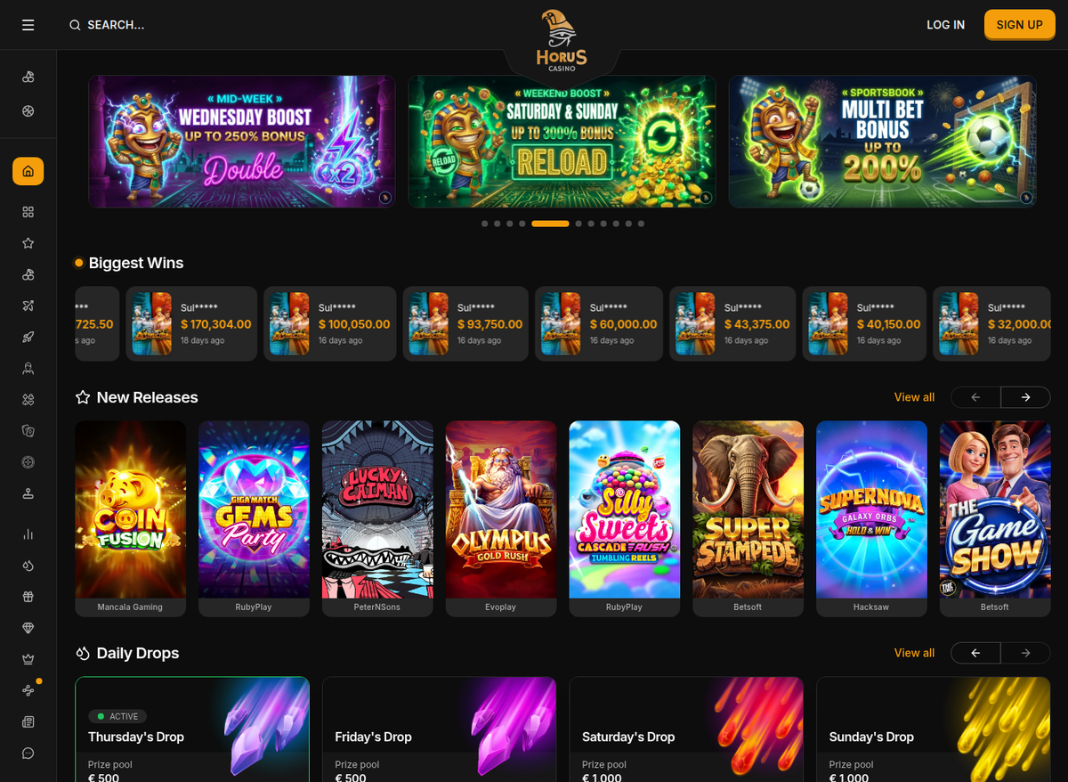 Horus Casino home page loaded from a European connection, with the Wednesday Boost, weekend reload and Multi Bet promotions across the top.