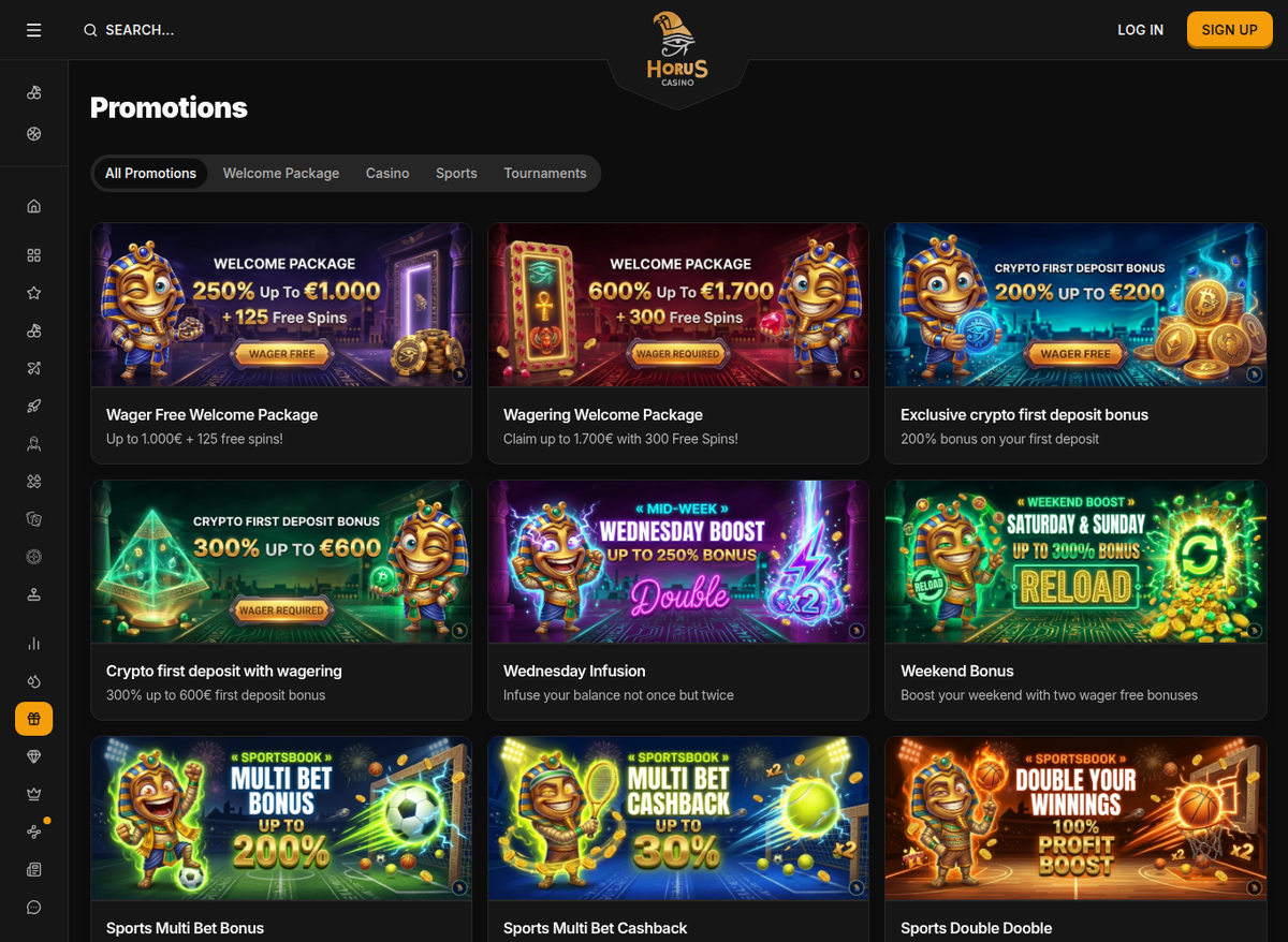 Horus Casino promotions page, showing a wager-free welcome package of 250% up to 1,000 euros next to a 600% package that carries wagering.