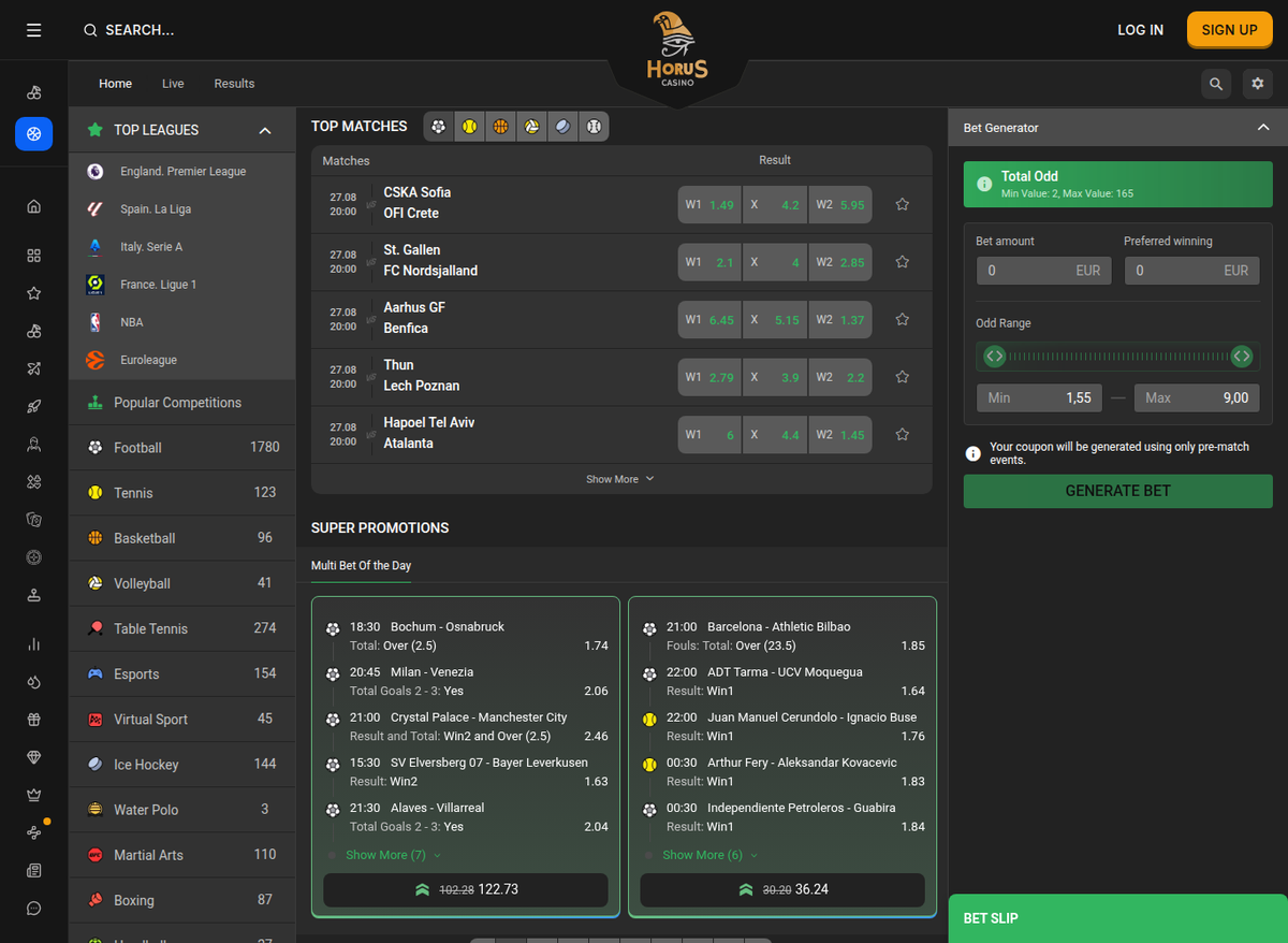 Horus Casino sportsbook, listing football, tennis, basketball, table tennis and ice hockey alongside a bet generator and a live bet slip.