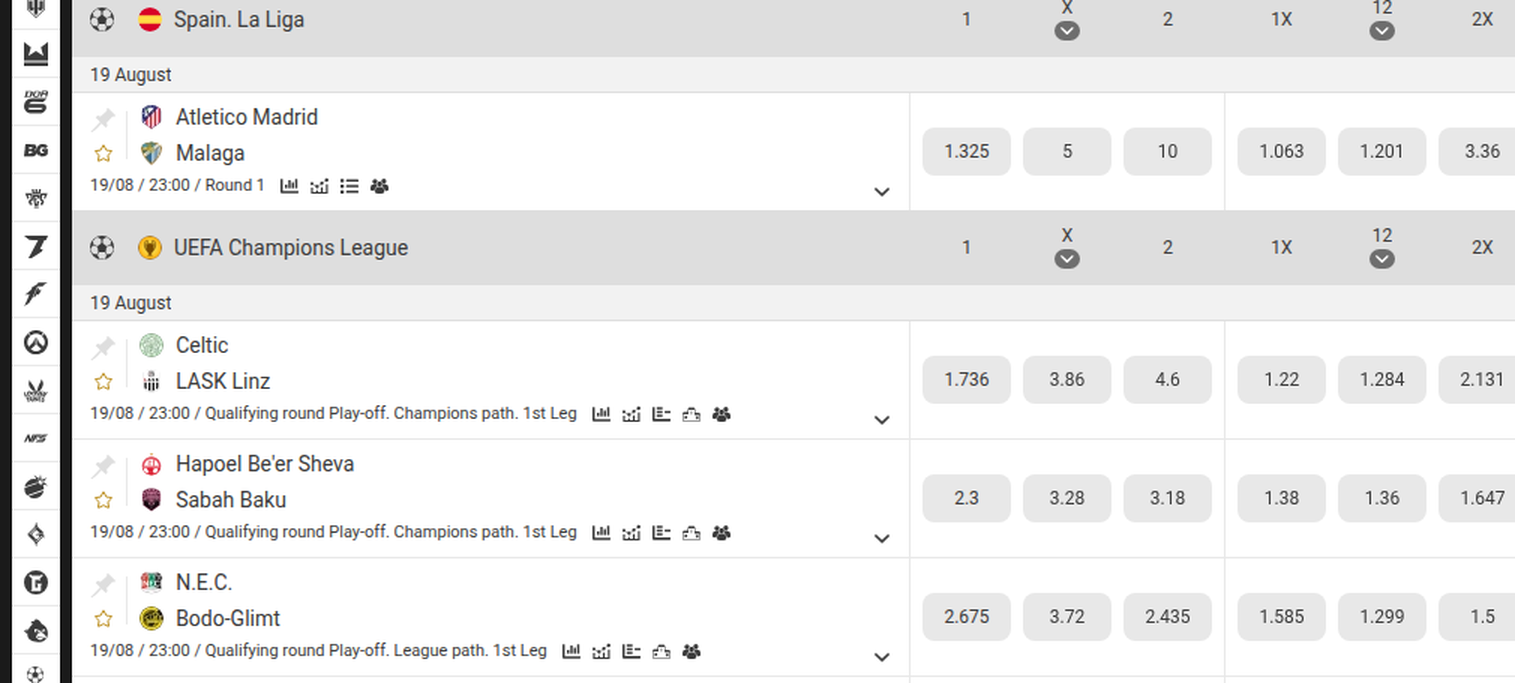 Melbet Champions League and La Liga odds captured from a UAE connection in August 2026