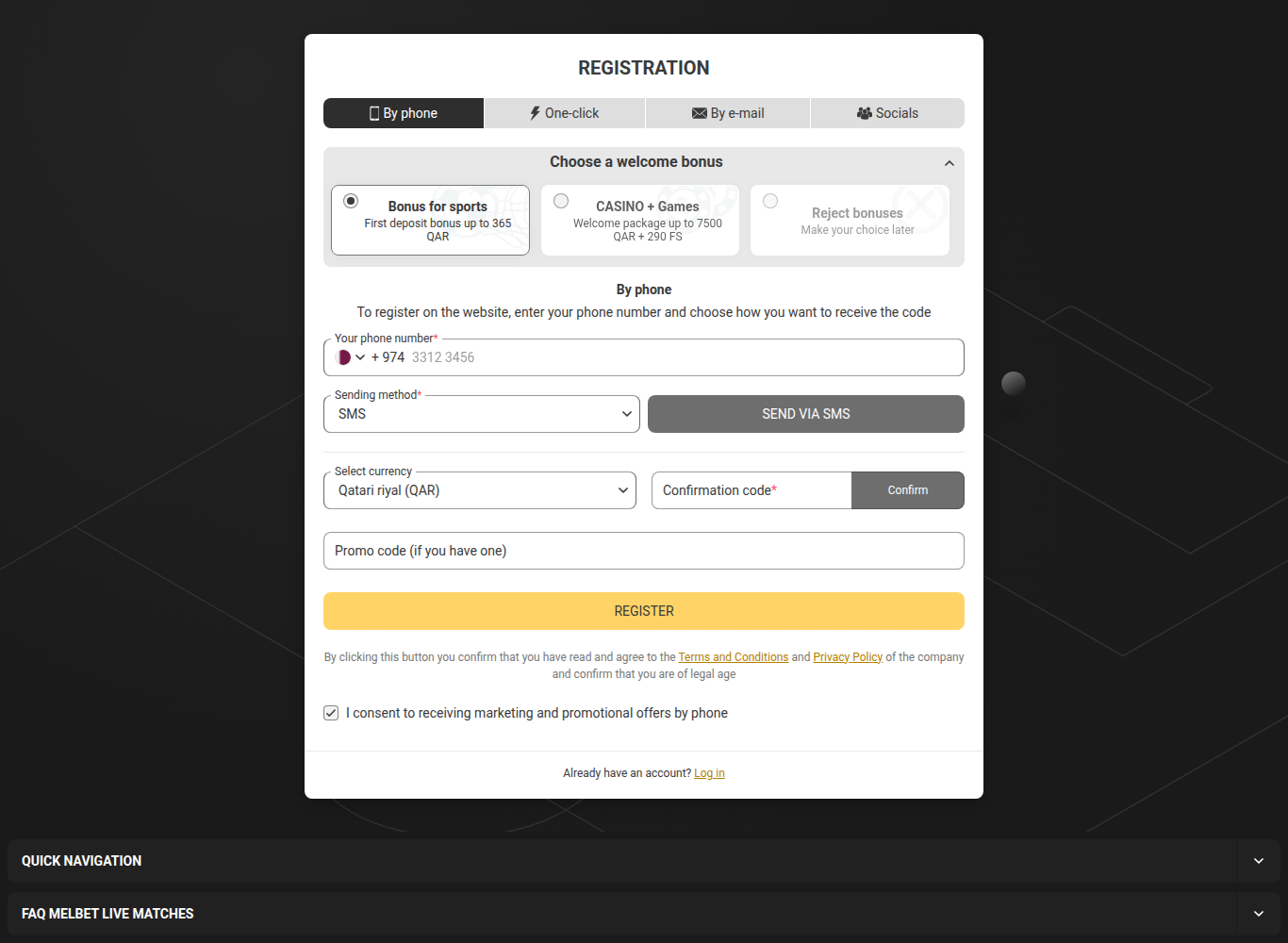 Melbet registration form opened from Qatar, with Qatari riyal pre-selected as the account currency