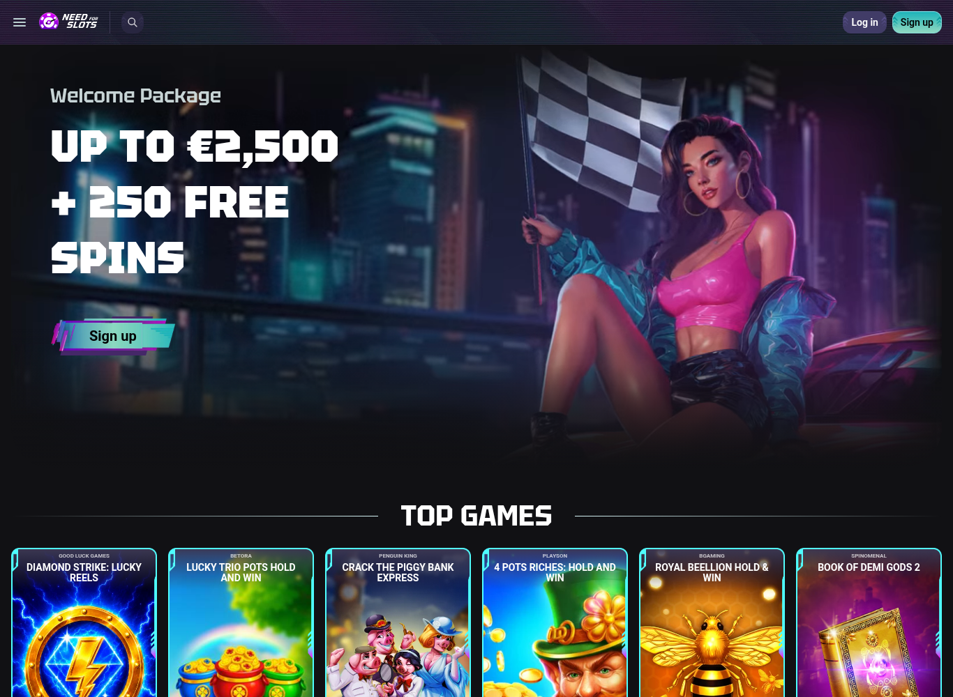 The Need For Slots casino lobby loaded from a Dubai IP address, showing the welcome package of up to 2,500 euro plus 250 free spins above the Top Games row.