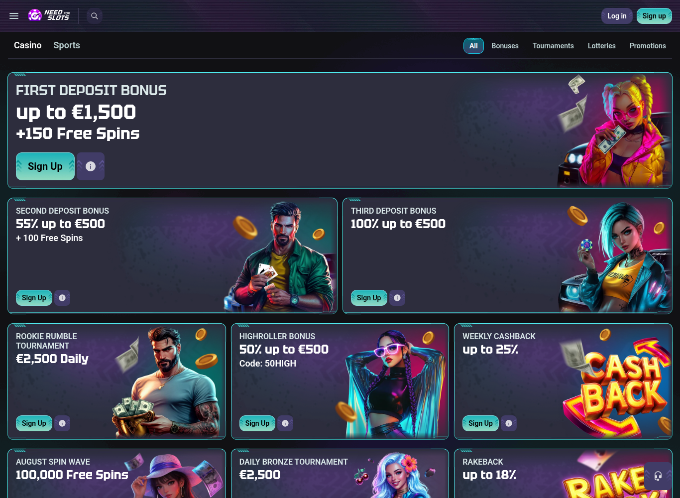 The Need For Slots promotions page listing the three welcome deposit bonuses alongside the highroller offer, weekly cashback, rakeback and daily tournaments.