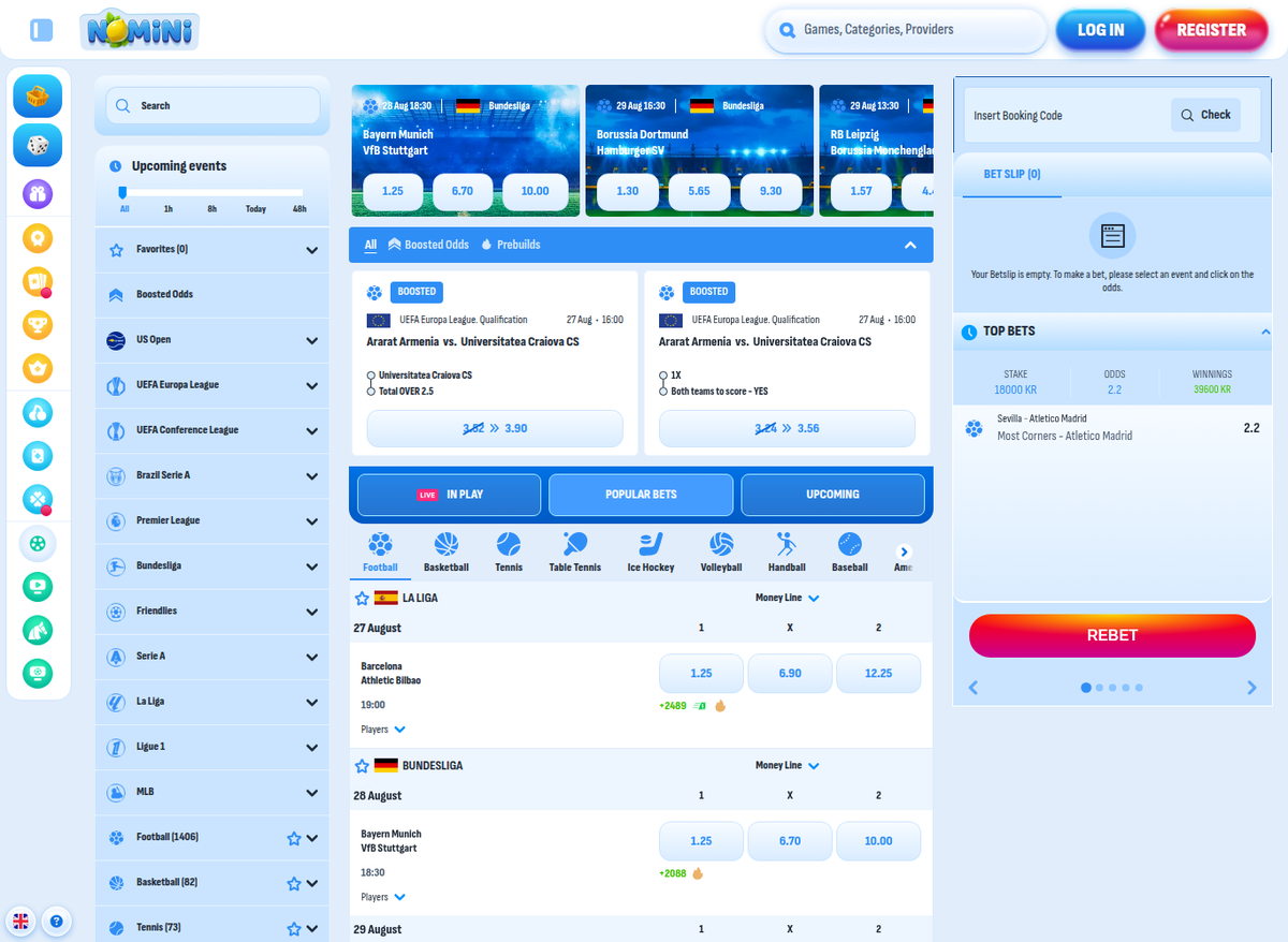 The Nomini sportsbook open from a UAE connection, showing boosted odds, top European leagues and 1,406 football events