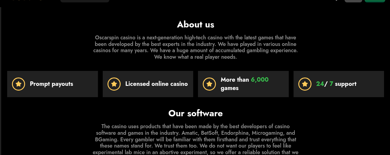 OscarSpin About Us page claiming a licensed online casino and more than 6,000 games, without naming a regulator