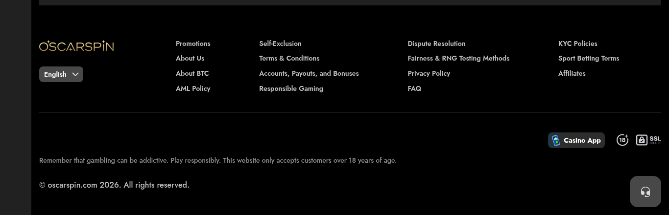 OscarSpin footer with policy links and an 18+ badge but no licence, regulator or company name